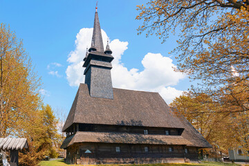 Old wooden Gothic church of St. Nicholas the Wonderworker in the village of Sokyrnytsia, Zakarpattia oblast.