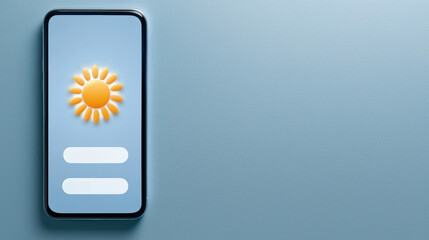 A smartphone displays a weather app with a bright sun icon, symbolizing clear and sunny weather on a textured blue background.