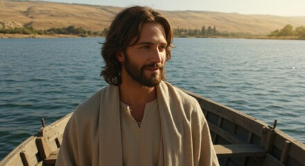 A man with a beard and brown hair on a boat in a lake. Biblical times concept for religious story.