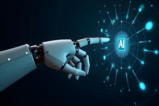 Robot Hand Pointing at a Glowing Holographic Interface with AI Chip and Neural Web Icons, Dark Background with Realistic Lighting and Sci-Fi Feel, Ideal for Artificial Intelligence Themes"