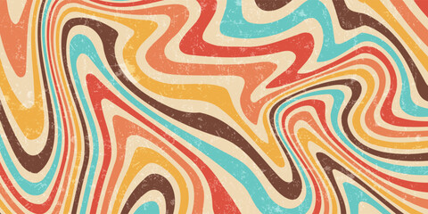 Abstract Retro 70s colorful sun with rays on vintage background. Groovy banner, poster or postcard. Vector illustration.