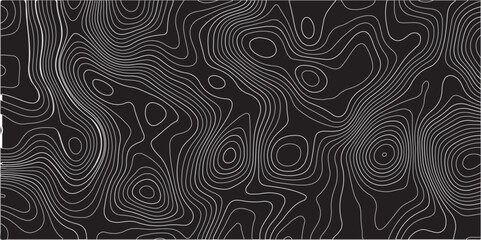 An abstract topographic map design featuring thin, light gray contour lines intricately weaving across a solid black background. The lines undulate and curve,