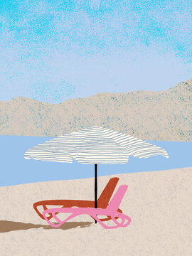 Beach scene with calm blue water lounge chairs and white umbrella with dark blue stripes
