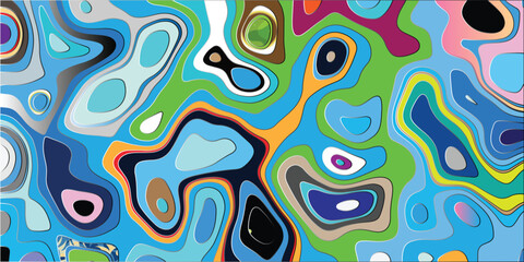 Abstract design featuring a vibrant blend of colors and organic shapes in a layered topographical style with a fluid and contemporary artistic aesthetic.