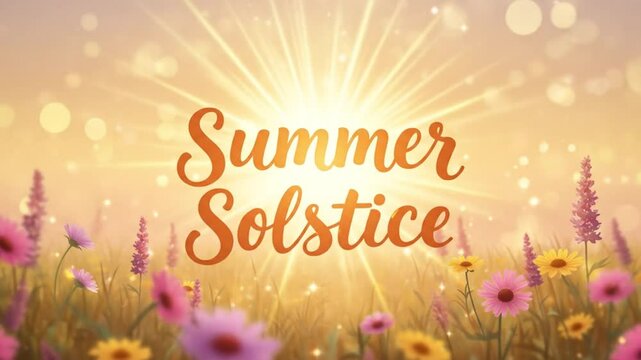 4K animation of glowing summer solstice scene featuring radiant sun rays shining over a dreamy field of blooming wildflowers