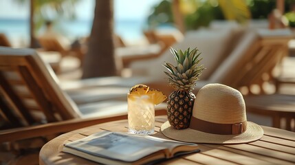 A tropical getaway scene featuring a refreshing drink, pineapple, and sun hat on a wooden table near a beach.