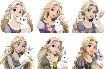 Portraits of princesses with white rabbits.