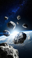 Asteroids drifting in space with stars in the background