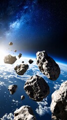 Asteroids drifting in space with stars in the background