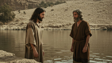 Baptism of Jesus Christ in a river in a desert landscape. Biblical scene for religious studies.
