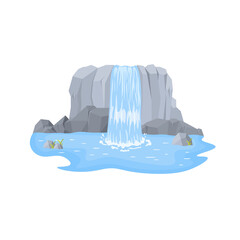 Mountain waterfall png. Vector cartoon set with blue river flow, paradise scenery, and flat cliff design. Perfect for ecology themes, tropical landscapes, and nature travel illustrations.

