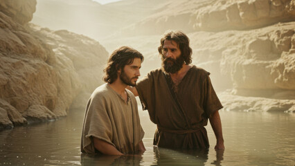 Baptism of Jesus Christ. Biblical scene with John the Baptist for religious and spiritual concept.