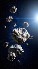 Asteroids drifting in space with stars in the background