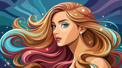 Model girl in profile with long shiny wavy hair. Her curly hairstyle sparkles with beauty and elegance. This beautiful woman embodies soft fashion, luxurious makeup, and modern cosmetics style.


