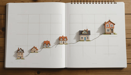 real estate property ladder concept - house models on a graph in a notebook