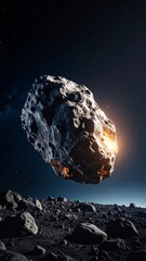 Dark background with a giant asteroid slowly moving