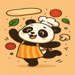 A funky cartoon panda joyfully spins pizza dough in the air while dancing, wearing a striped apron and a tilted chef hat, surrounded by floating toppings.