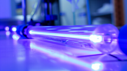 Close-up of UV light device emitting blue glow on clear skin, dermatology treatment for acne or skin disinfection, medical technology and skincare concept.