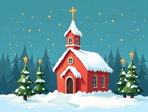 Cartoon church building with christmas trees holiday celebration illustration