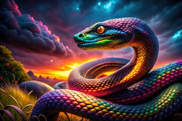 Fototapeta premium Dark canvas, vibrant neon serpent; modern nature photography reimagined.
