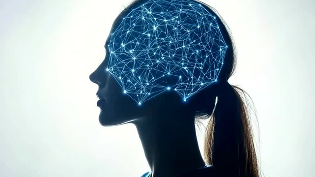 A woman's head is shown in a blue light, with a network of lines surrounding it