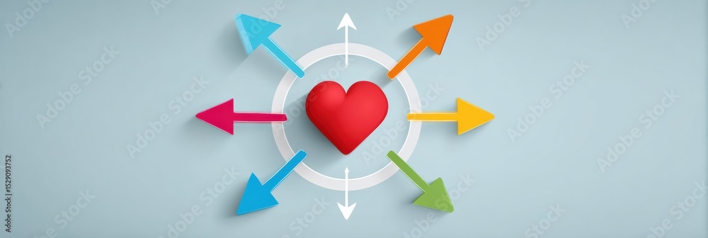 Poster Infographic Concept Featuring a Red Heart at the Center With Four Colorful Arrows Pointing Outward, Designed to Symbolize Connection and Emotional Expression