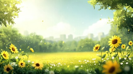 Scenic summer landscape with bright sunflowers blooming in a lush green field du daytime with fairy dust sparkle effect and distant city skyline in the background