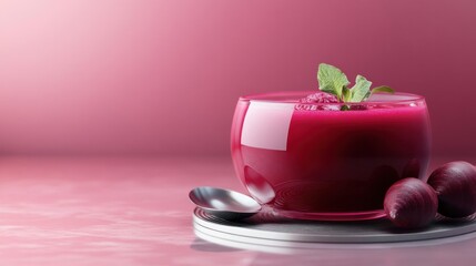 Close-up of a vibrant purple berry jelly dessert in a clear glass bowl garnished with mint leaves and fresh berries on a pink background for healthy snack or sweet treat