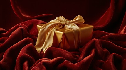 Luxurious Gift Box Wrapped with Elegant Gold Ribbon on Deep Red Velvet Fabric Perfect for Celebrations and Special Occasions