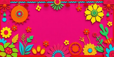 Vibrant papel picado banner with festive shapes and colors, showcasing traditional Mexican fiesta designs, geometric, decoration