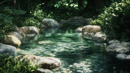 Serene natural freshwater creek flowing through lush green forest surrounded by large rocks and vibrant foliage under natural sunlight