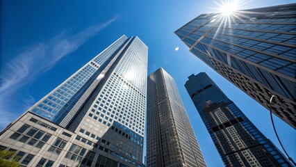 Low angle perspective of modern skyscrapers reaching up towards the clear blue sunny sky