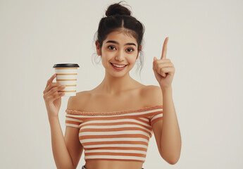Happy Young Woman Holding and Pointing at Empty Coffee Cup – Studio Portrait on Light Blue Background, Confident and Stylish Pose, Ideal for Marketing, Advertising, and Lifestyle Concepts