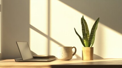 Minimalist indoor workspace with laptop, ceramic mug, potted plant, natural sunlight streaming through window, modern home office setup, bright warm tones
