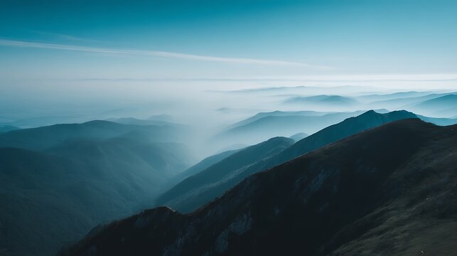 Misty mountain layers in blue hues - Powered by Adobe