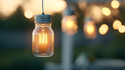 Cozy garden nook with hanging mason jar lights, offering a warm and nostalgic ambiance