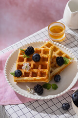Belgian whole wheat waffles with blueberry on a white table rose background. Breakfast time. Vertical