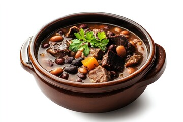 Traditional hearty beef and vegetable stew in a rustic clay bowl with fresh herbs, variety of vegetables and tender meat pieces in savory broth