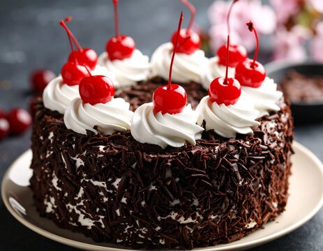 A black forest cake with whipped cream and cherry topping