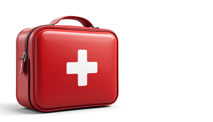 Fototapeta premium Red First Aid Kit with White Cross on White Background – Medical Emergency Box Concept