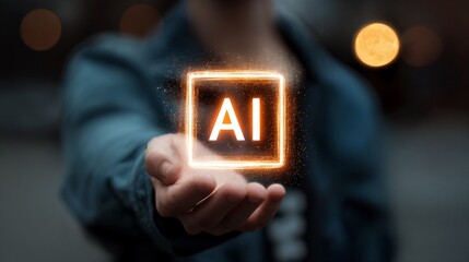 Digital illustration of a hand presenting a glowing square â€œAIâ€ icon against a dark background with particle effects.