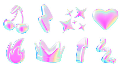 Y2k holographic shapes set. Rainbow heart, fire, crown, cherry, thunderbolt, arrow, spiral line and stars with vibrant neon gradient texture. Retro futuristic graphic design elements. 3D illustration