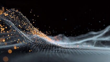 3D render of dynamic wave with glowing orange particles and a digital grid pattern.