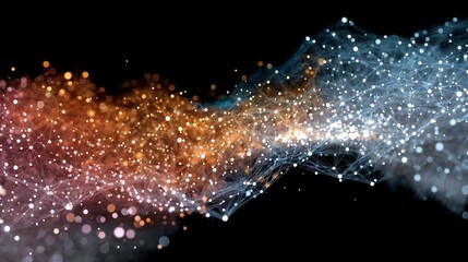 Digital illustration of glowing interconnected particles forming a dynamic, wave-like pattern.
