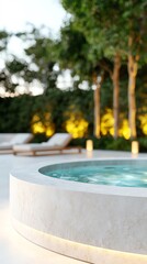 Outdoor jacuzzi with built-in LED lighting, creating a luxurious evening soak