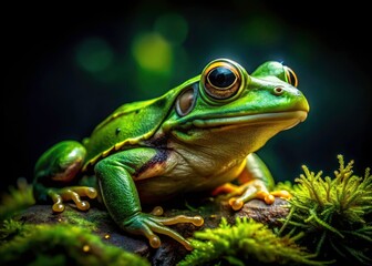 Fototapeta premium Dark green frog silhouettes, nighttime amphibian photography, showcasing low-light artistry.