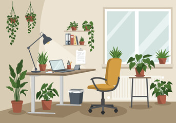 A plantfilled workspace with a desk chair laptop  shelves by a window Plants hang  sit on surfaces