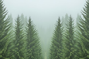 Fototapeta premium Misty Forest Landscape Serene Evergreen Trees in Fog