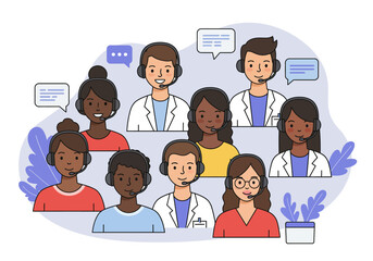 Cartoon of 9 diverse headsetwearing people with speech bubbles