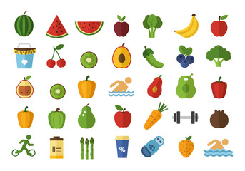 Healthrelated icons fruits vegetables sports  nutrition symbols